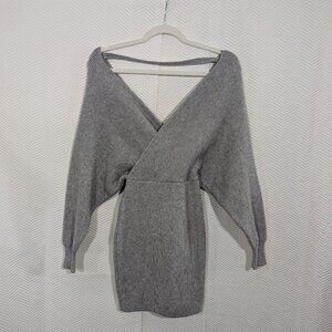 Selfie Leslie Gray Knit Sweater Dress Mini Batwing Sleeves Size Small